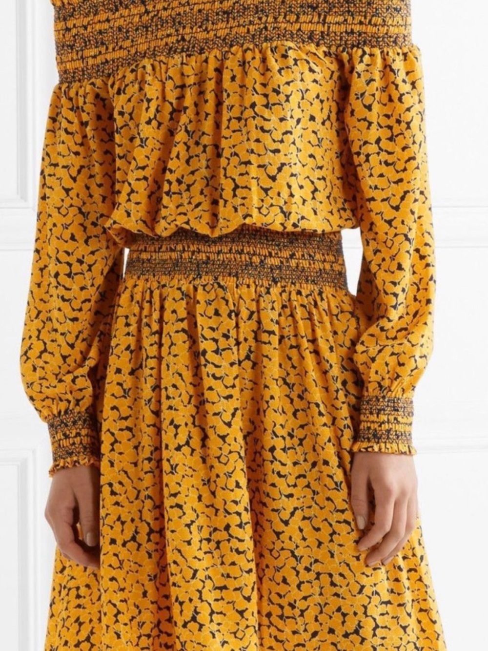 MICHAEL Michael Kors Mustard Yellow Smocked Long Sleeve Dress with Black Print
